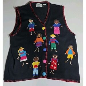 Vtg 90s Belle Pointe L Sweater‎ Vest School Teacher Classroom Knit Cardigan